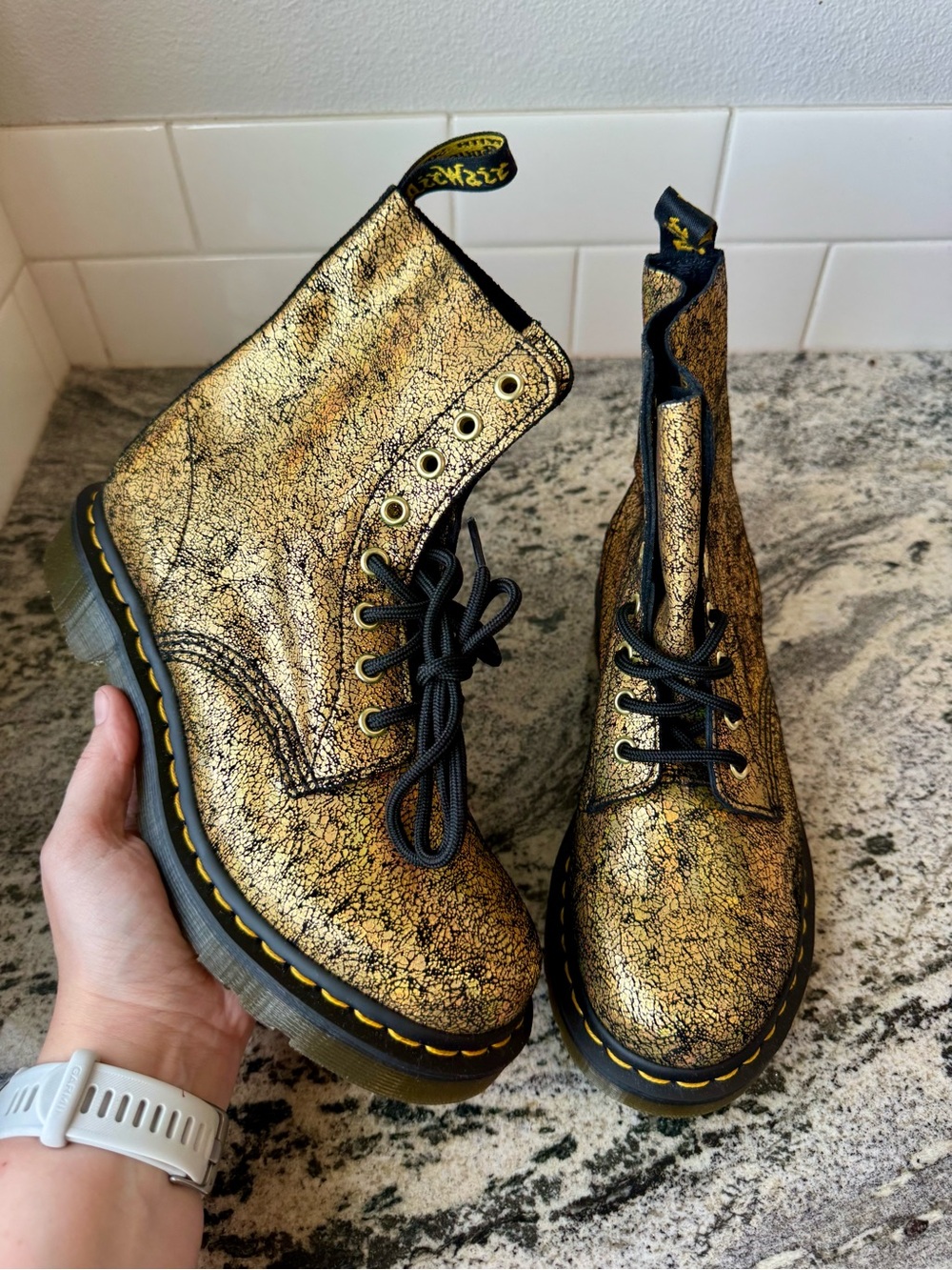 Dr. Martens 1460 Pascal Gold Iridescent Crackle Boot. L 7. New in box.